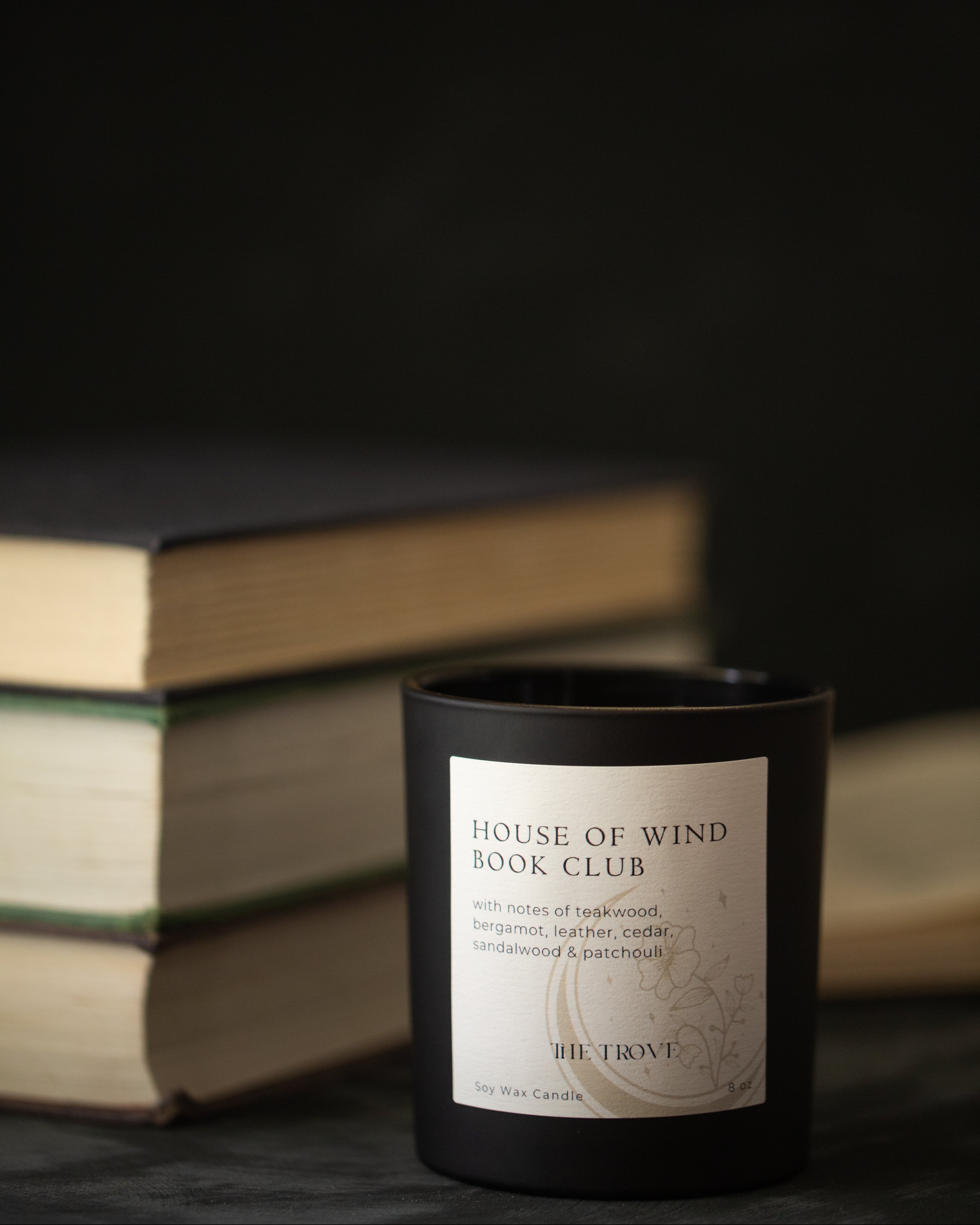 Black candle labeled 'House of Wind Book Club' with books in the background