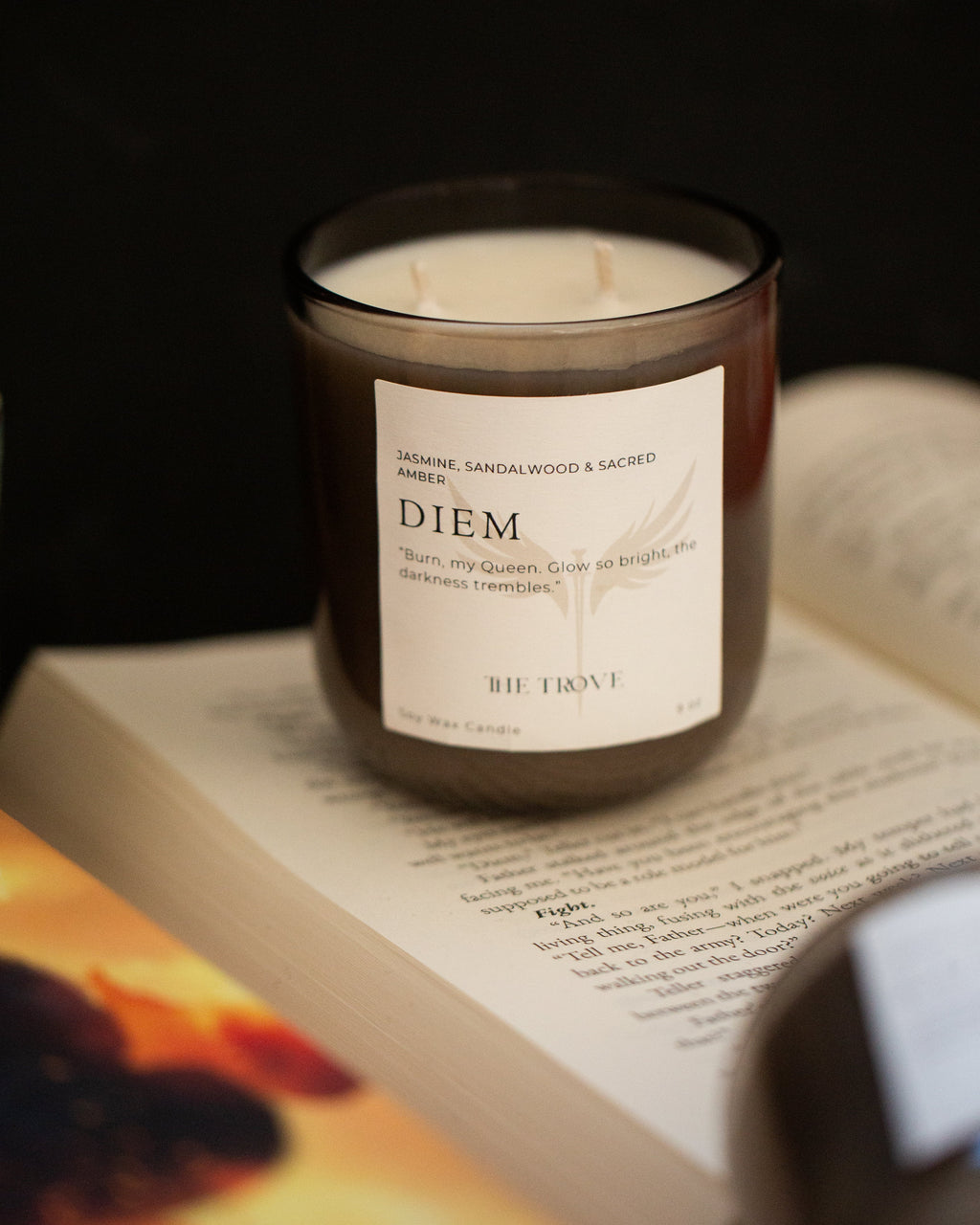 Candle labeled 'DIEM' on an open book with a dark background