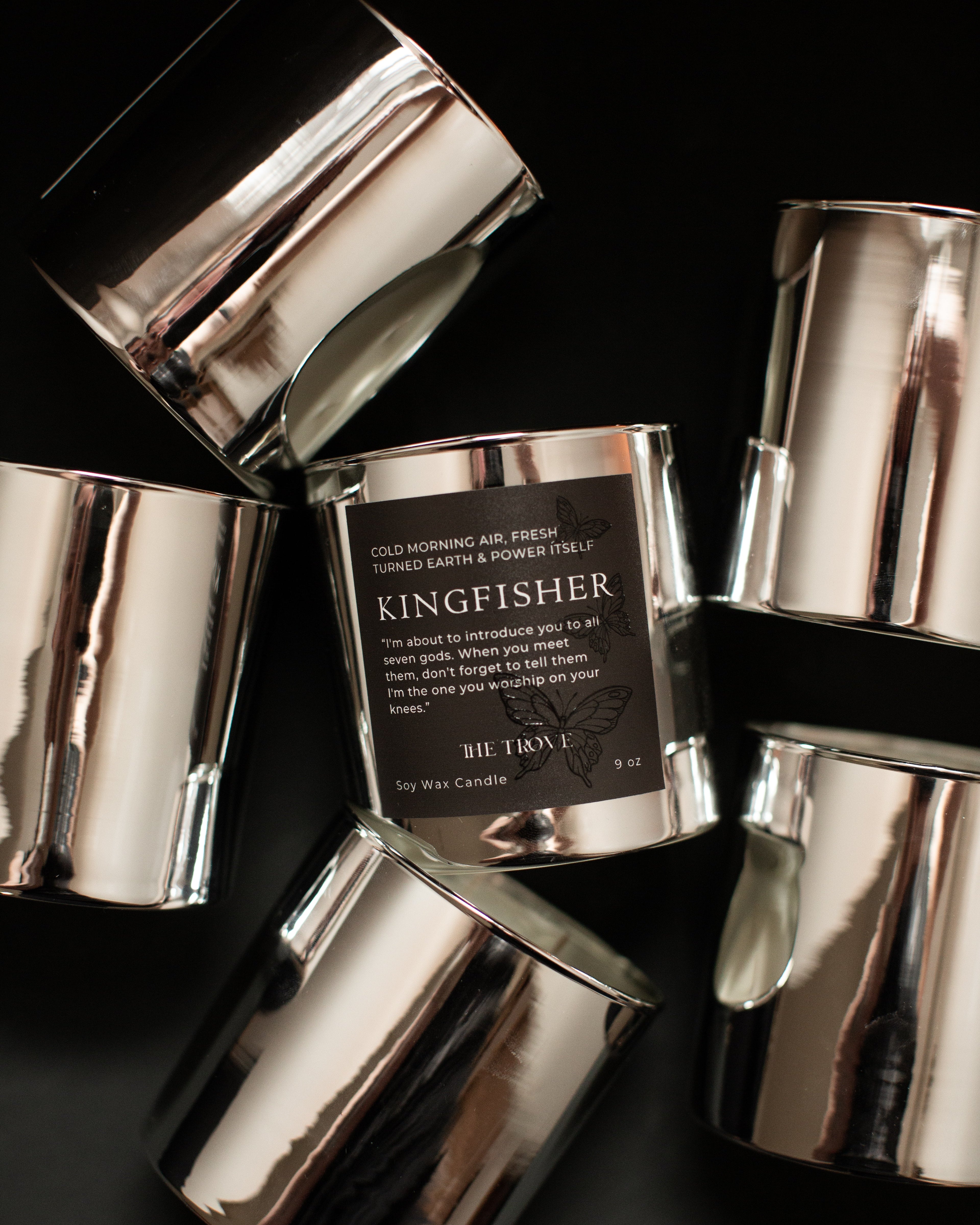 Silver cylindrical containers with a central label on a dark background