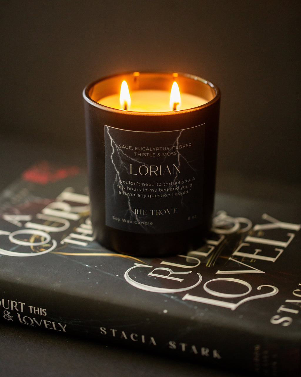 Candle with a label on top of a book titled 'Gruel this & Lovely' by Stacia Stark.